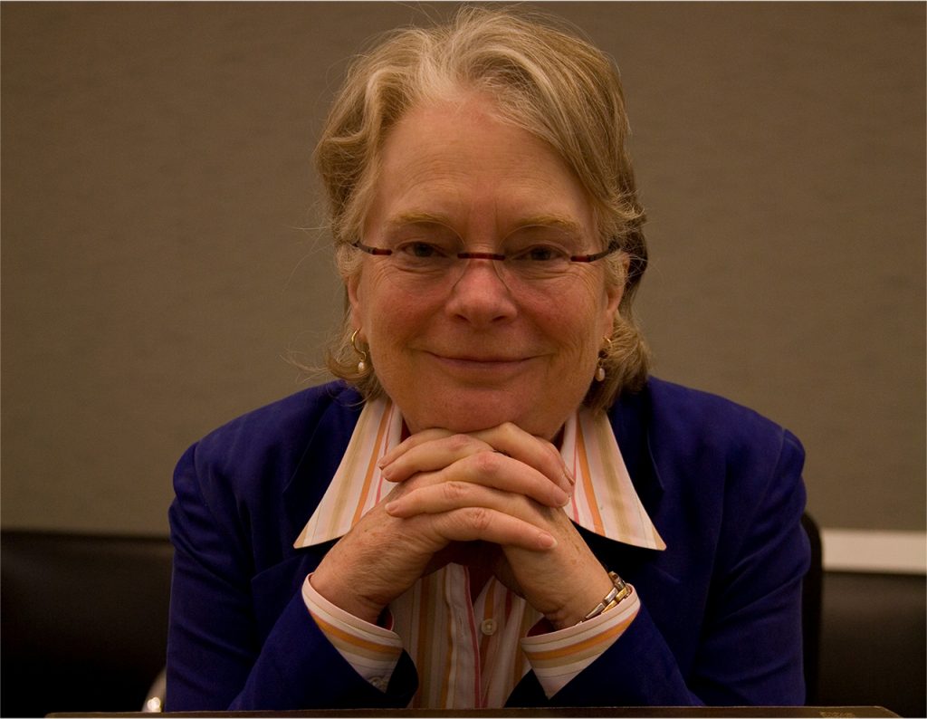 Historian Lynn Hunt with her head propped on her folded hands
