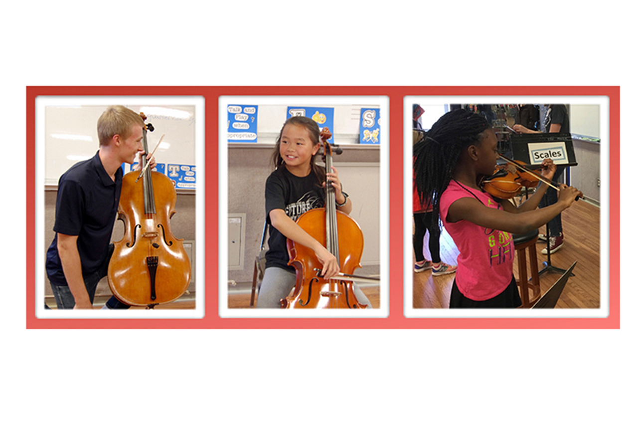 Three images of children performing on stringed instruments, learning from one of the music majors who act as instructors in the String Project program.