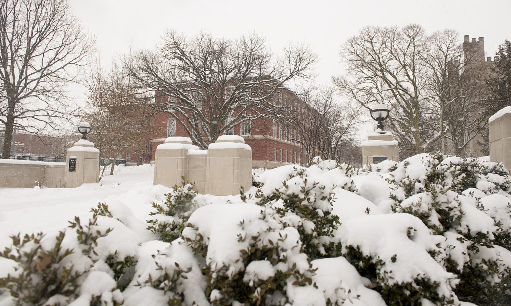 a snow-covered look at the Fell Gates with Edwards Hall in the background