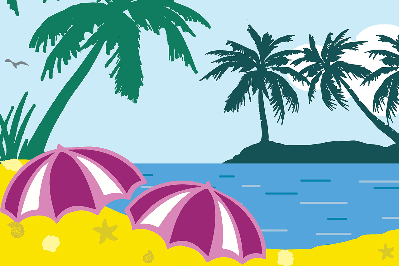 Image from production poster depicting palm trees, beach, and ocean.