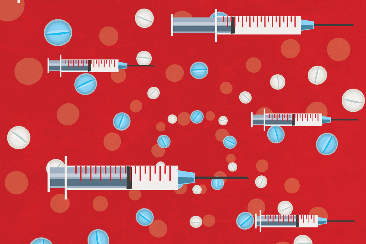 Needles floating in red background with blue and white dots