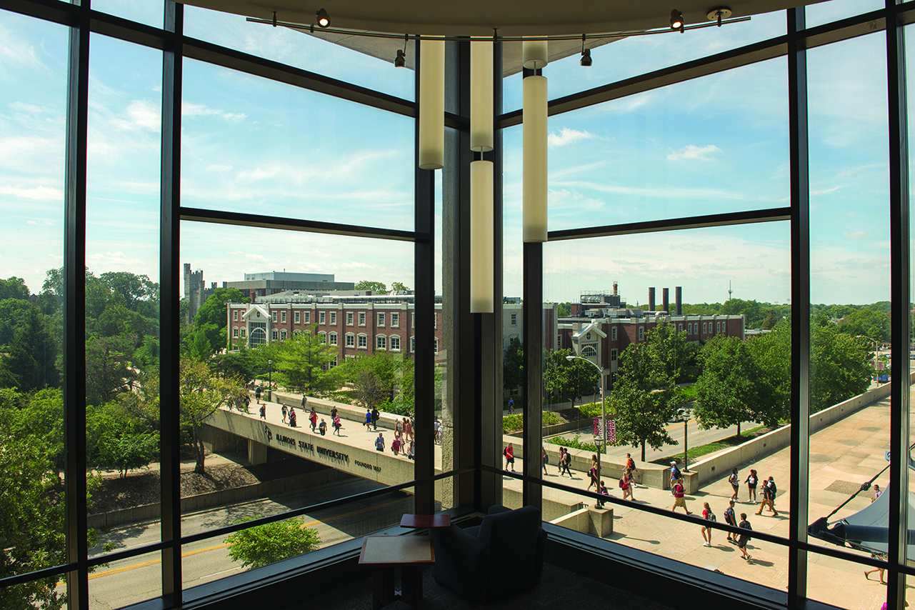 the view from inside Milner Library, looking out into the ISU Quad