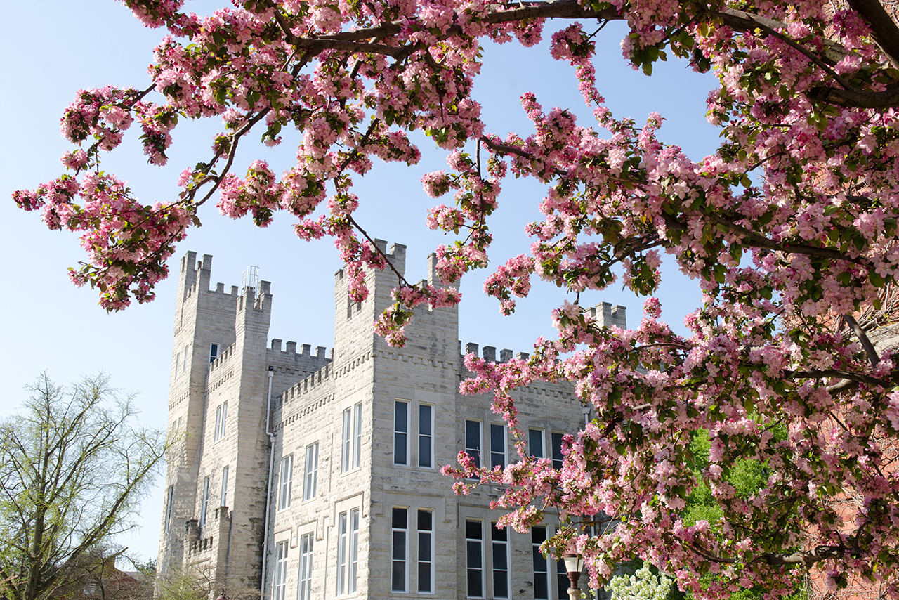 Image of Cook Hall with spring flowers starting to bloom
