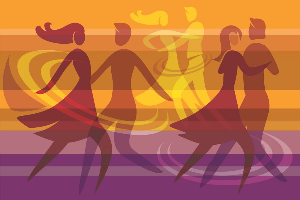illustrated silhouettes of couples dancing