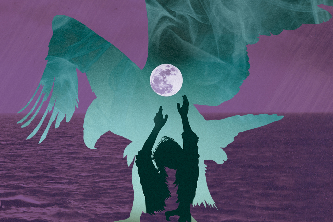 Image of an eagle, moon, and man on purple background. Image is artwork from the performance poster.