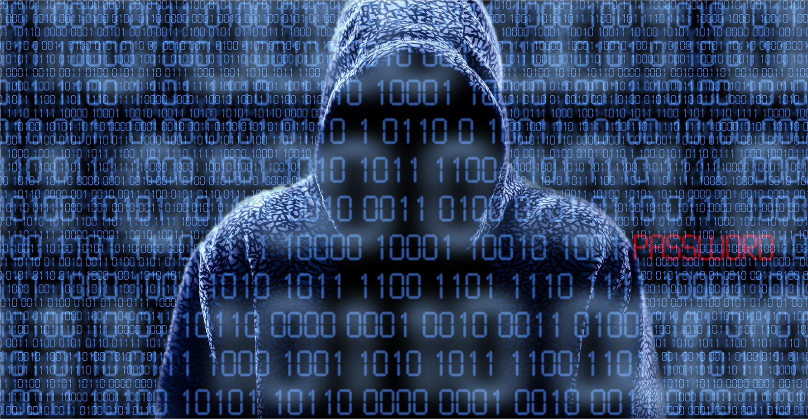 Silhouette of a hacker isloated on black — Stock Photo Silhouette of a hacker isloated on black with binary codes on background