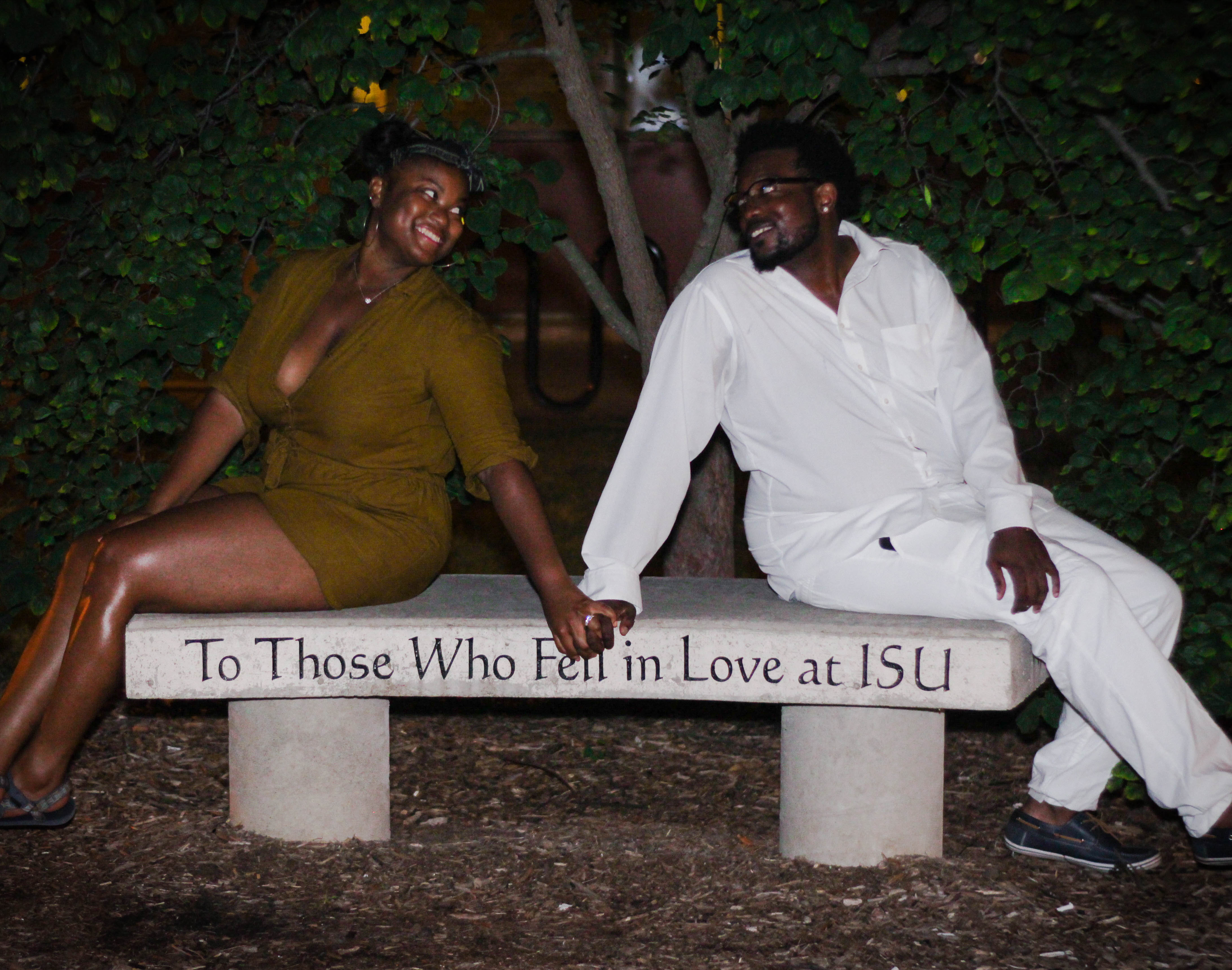 Shaunda Brooks and fiance Joseph Green on the love bench