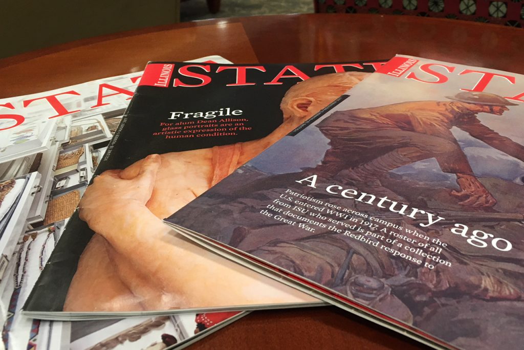 Three copies of Illinois State alumni magazine with type showing A Century Ago