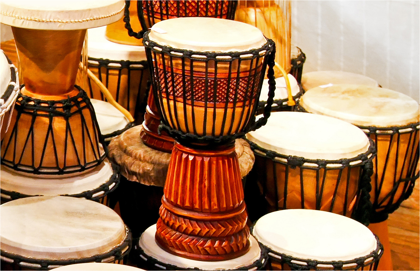 a collection of traditional and hand-crafted drums