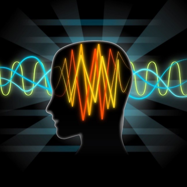 outline of a person's head, surrounded by sound waves.