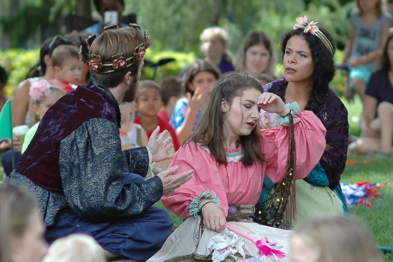 Image of three actors performing a scene for Illinois Shakespeare Festival's Theatre for Your Audiences