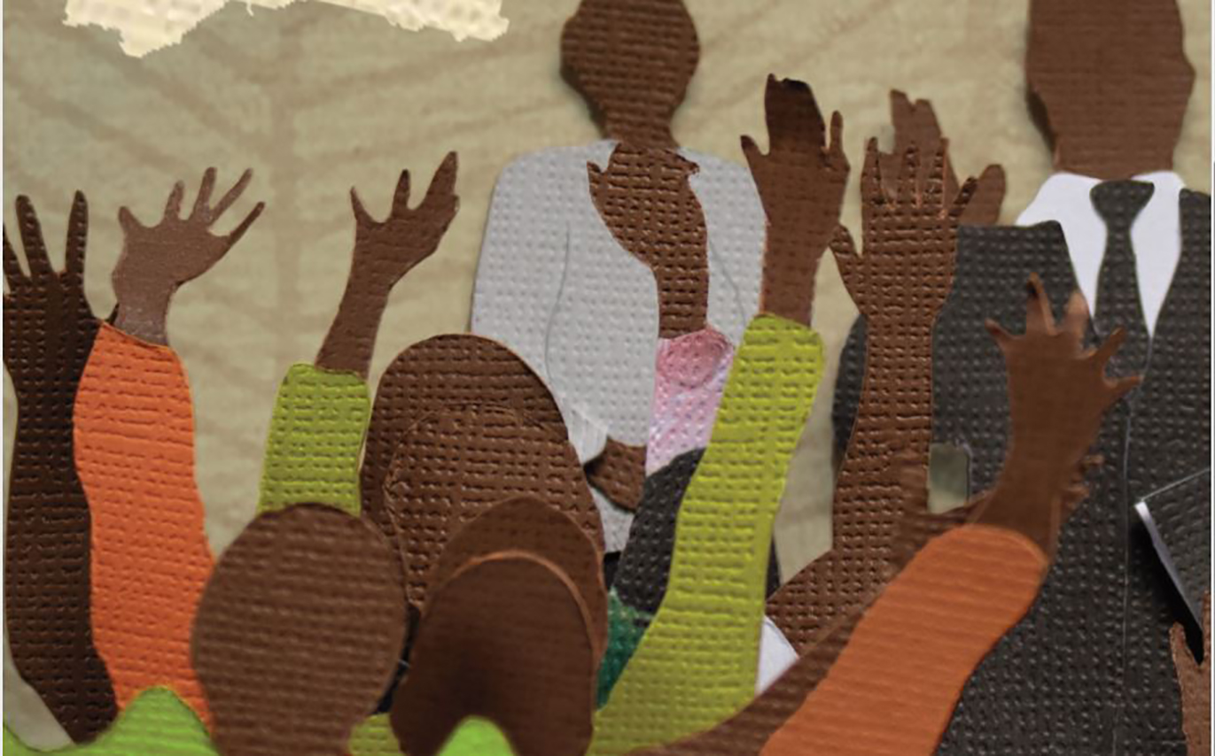 cut-outs of crowd of people with raised arms