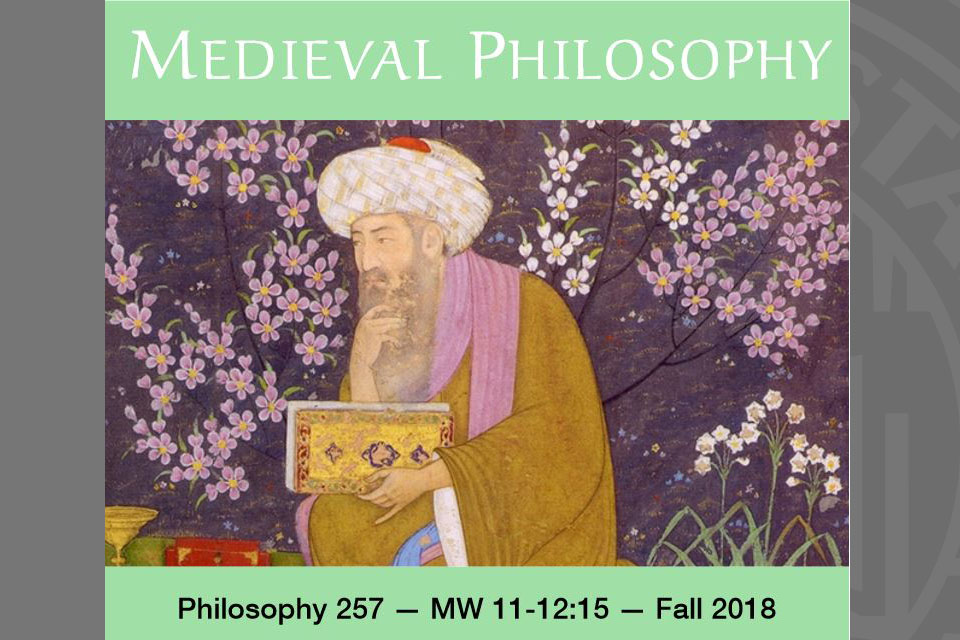 book cover with the word Medieval Philosophy on the cover with a drawing of an philosopher