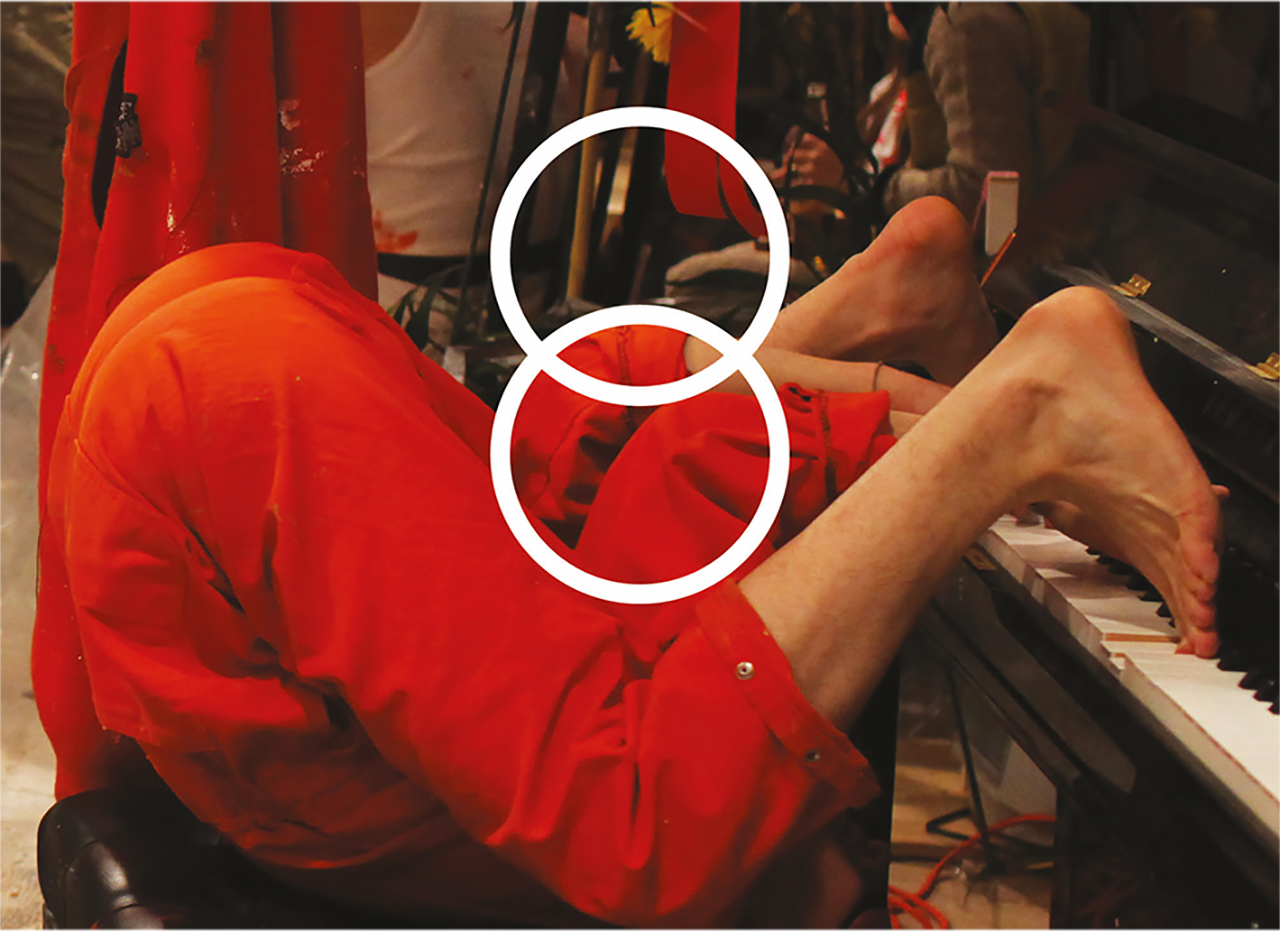 Part of a Cover of the book Across the Art/Life Divide: Performance, Subjectivity, and Social Practice in Contemporary Art by Martin Patrick with a man seated on his head with feet up on a piano