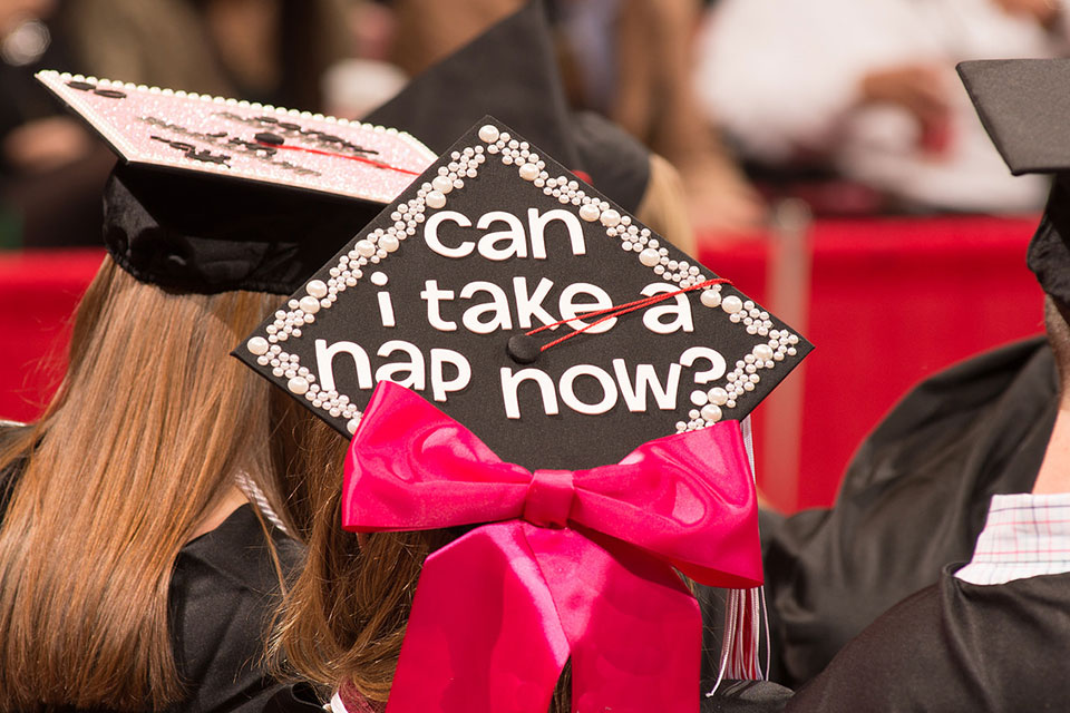 graduation cap with funny saying "Can I Take a Nap Now?"