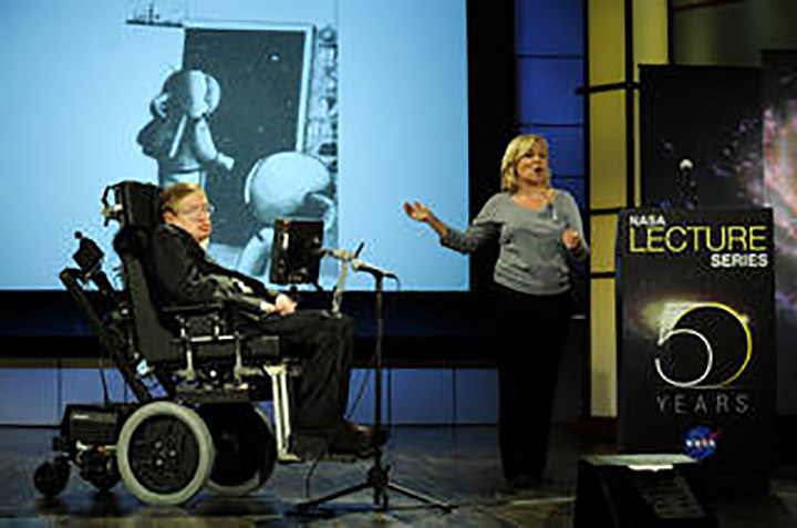 Dr. Stephen Hawking, a professor of mathematics at the University of Cambridge, delivers a speech entitled "Why we should go into space" during a lecture that is part of a series honoring NASA's 50th Anniversary, Monday, April 21, 2008, at George Washington University's Morton Auditorium in Washington. Photo Credit: (NASA/Paul. E. Alers)