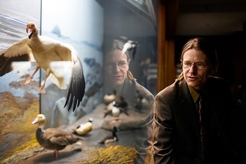 Thor Hanson sits in front of a glass-encased exhibit with a stuffed bird looking in flight