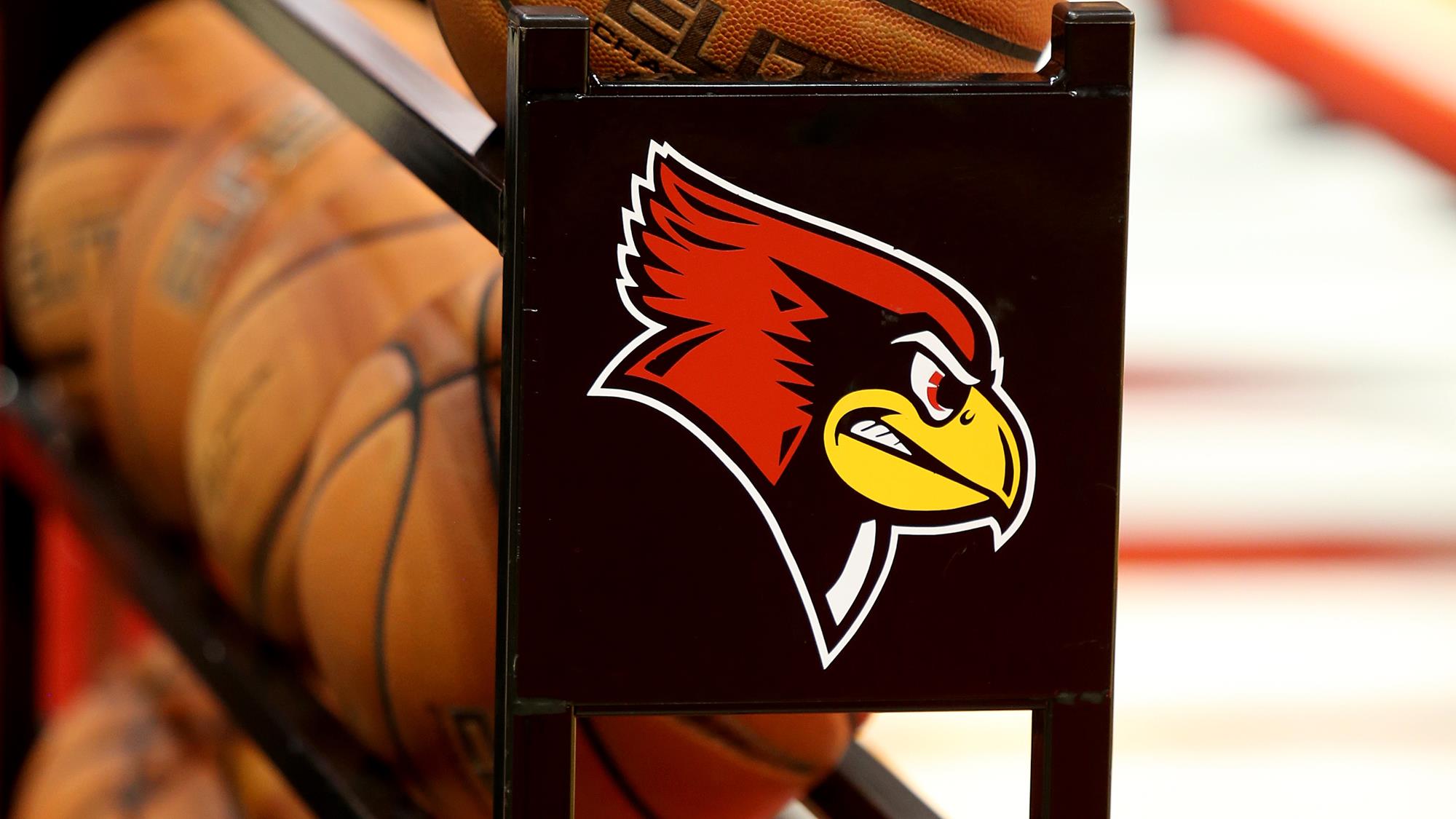 Redbird basketball rack with Redbird logo overlaid