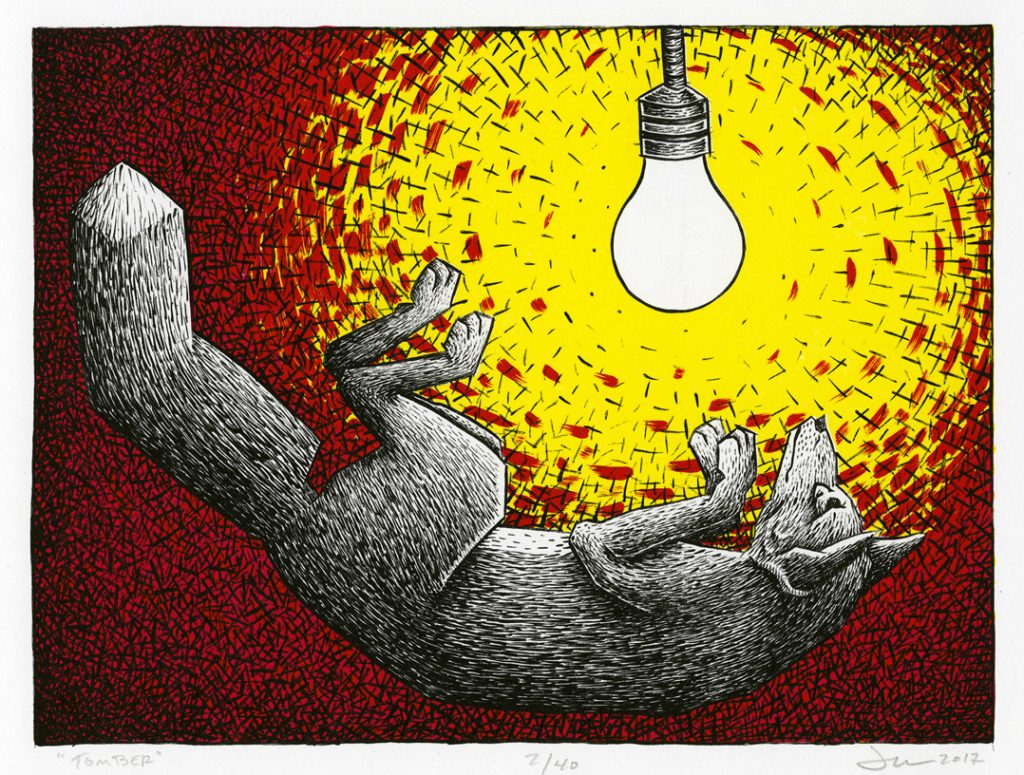 Fox under a light bulb red backgroundTomber (2017) by Jason Walker. The three-color lithograph is currently on display at Milner Library.