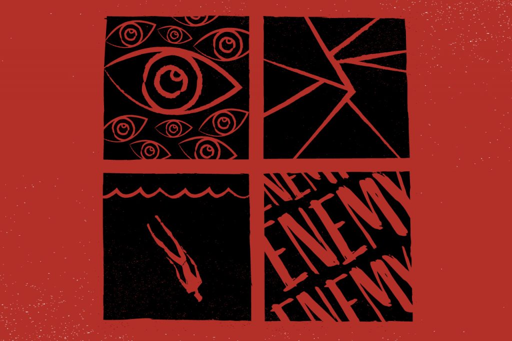 Image from the production poster, four images in squares on a red background. Top left image is of multiple eyes; top right image appears to be a crack in a wall or ground; bottom left appears to be a person drowning; bottom right is the word "Enemy."