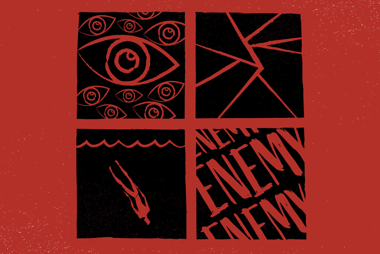 Image from the production poster, four images in squares on a red background. Top left image is of multiple eyes; top right image appears to be a crack in a wall or ground; bottom left appears to be a person drowning; bottom right is the word "Enemy."