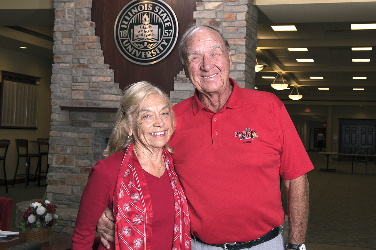 Margaret (Menne) and John Swalec standing in Alumni Center
