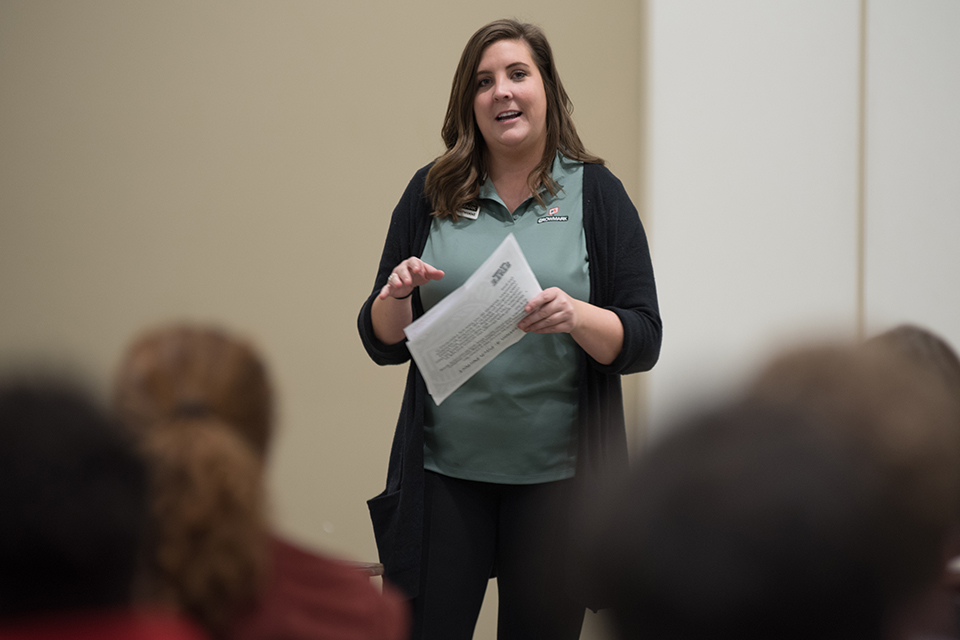 Growmark recruiter Kayla Portwood talks wiht students about career skills her company seeks in candidates.