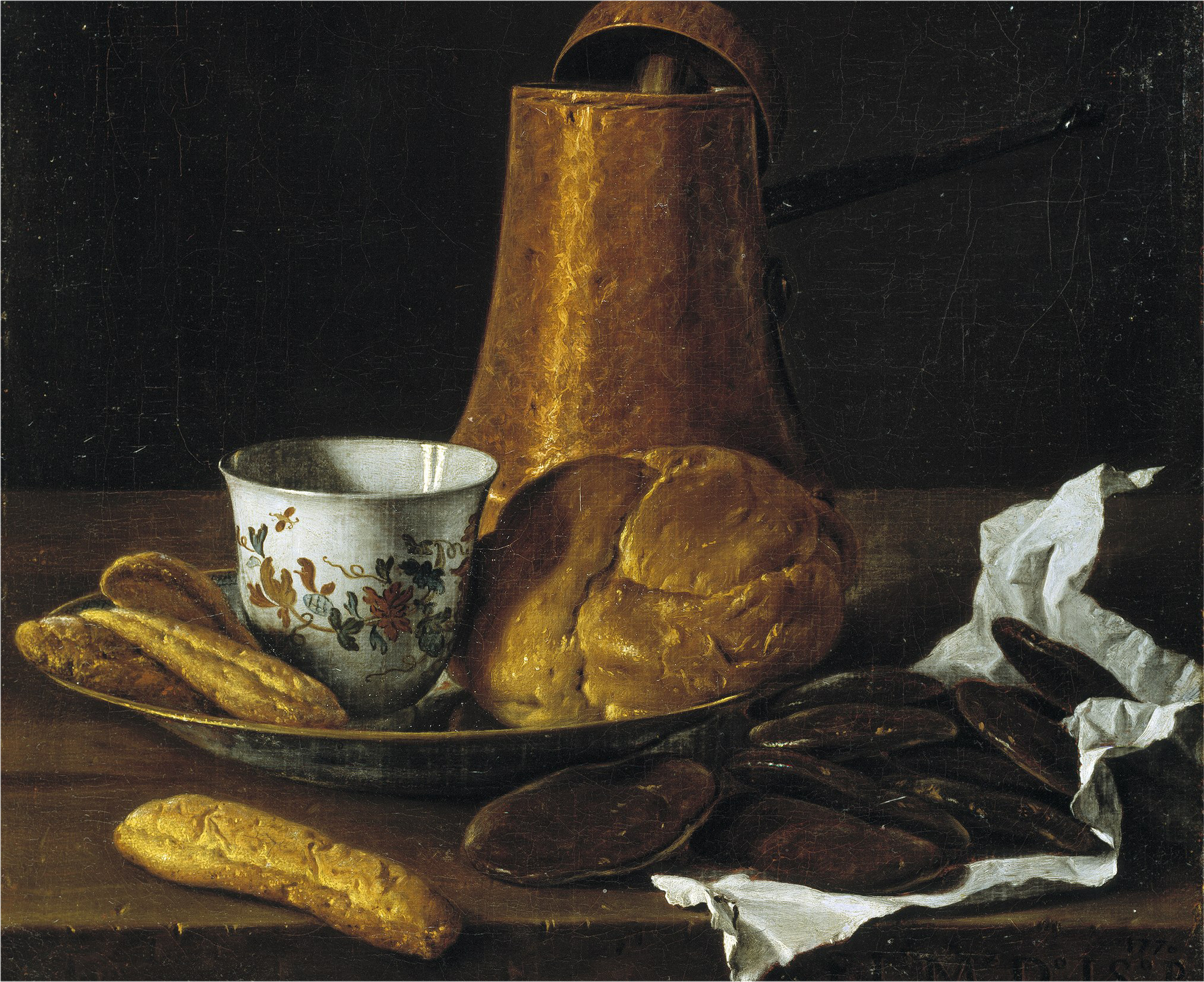 Portion of The painting Still Life with Chocolate Service by Luis Egidio Meléndez.
