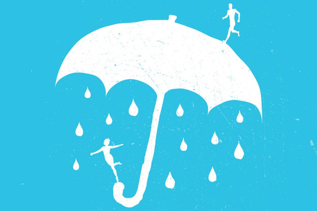Image from the production poster depicting an umbrella with rain and one person under the umbrella and one person running along the top.
