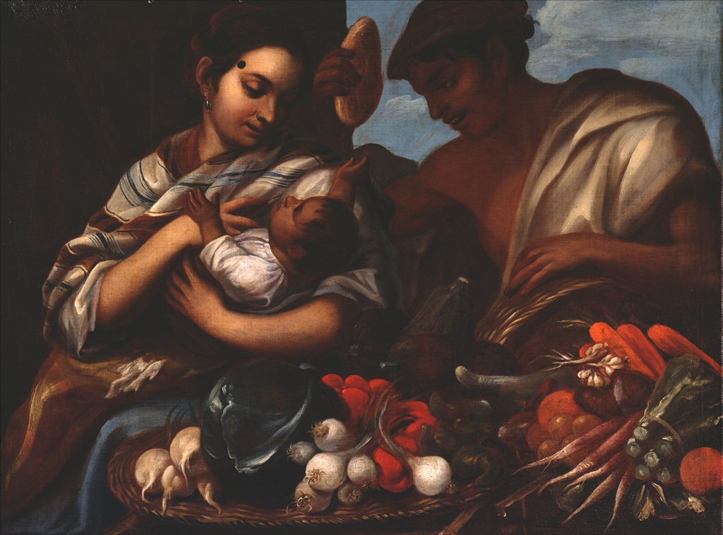 Painting of woman holding baby with man looking over them.
