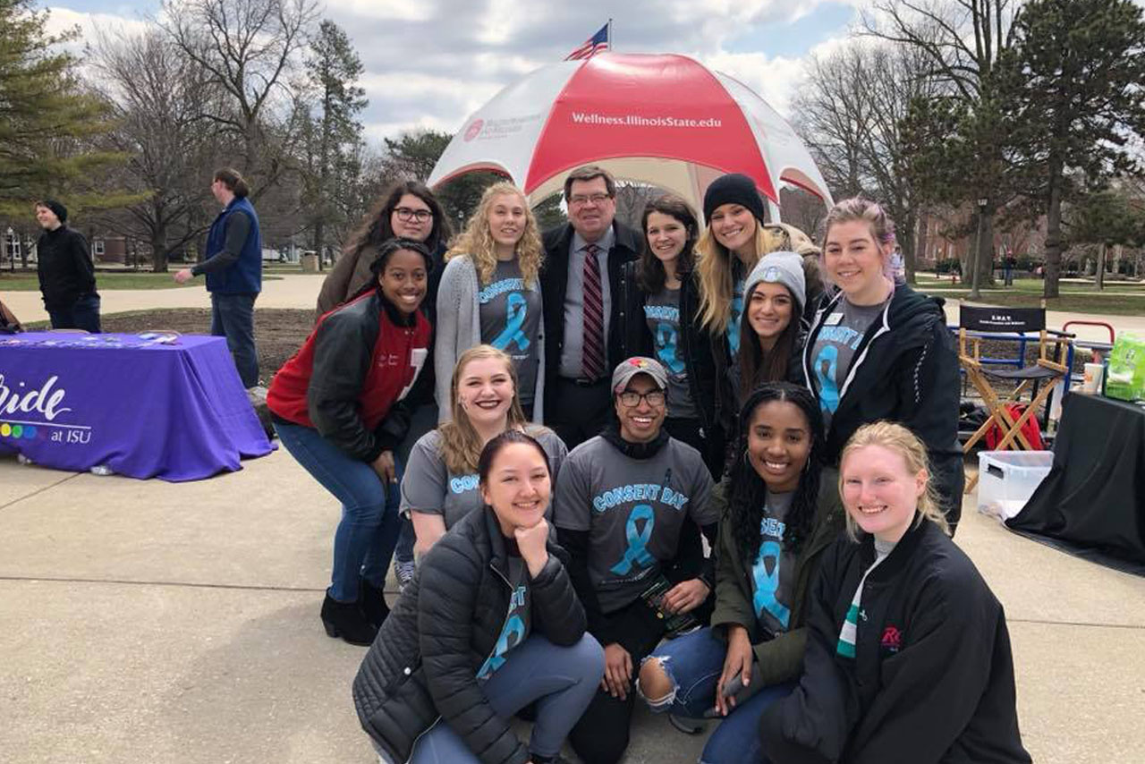 President Dietz with students on the Quad