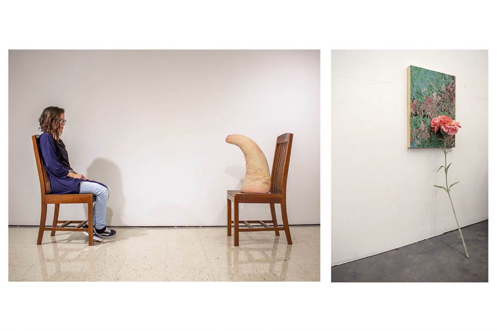 Images of the artwork from the students who won the 2019 Marshall Delany Pitcher Awards. The image on the left is of a woman sitting in a chair and facing a ceramic piece, also sitting in a chair. The image on the right is of a carnation leaning against a multicolored painting.