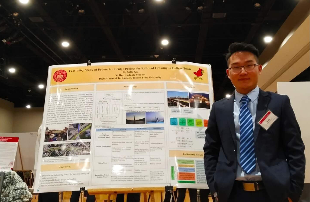 Hu Xi presents at ASC 2019 International Conference. He poses in front of research poster.