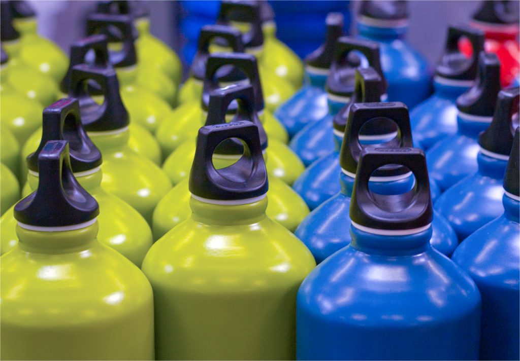 rows of metallic water bottles