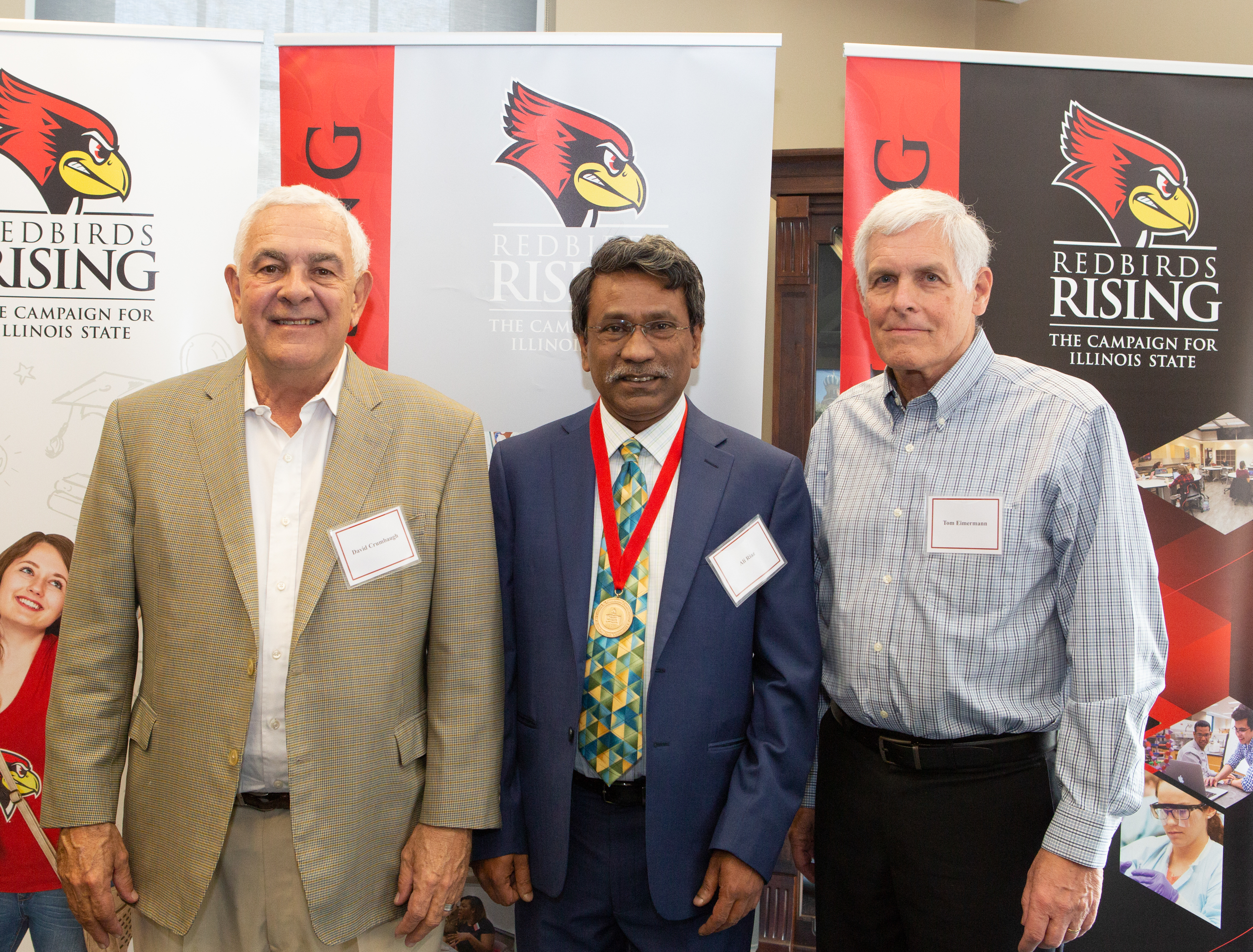 (Left to right) David Crumbaugh, donor of the Thomas E. Eimermann Professorship, Distinguished Professor Ali Riaz, and Professor Emeritus Thomas Eimermann