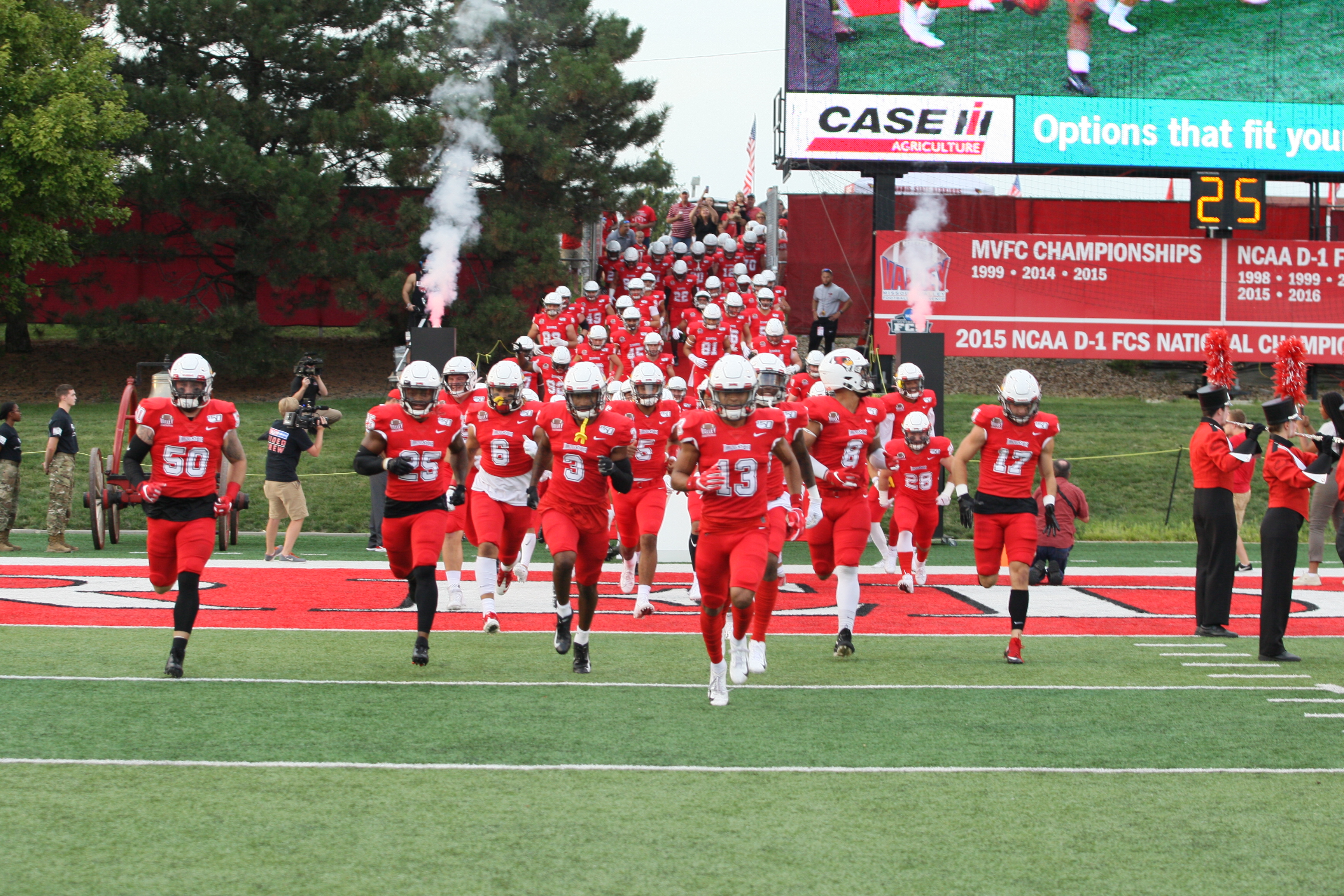 The Illinois State football team runs on to the field at their Sept. 7 home opener vs. Morehead State.