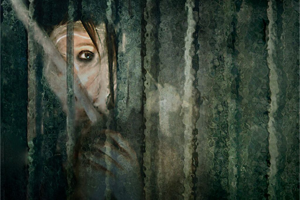 Production poster artwork depicting a woman peaking from behind a curtain.