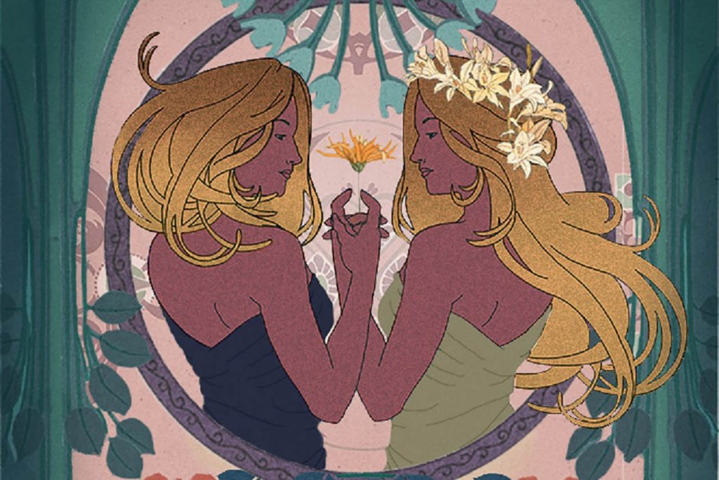 Production poster image for Twelfth Night depicting two blond women with a floral background