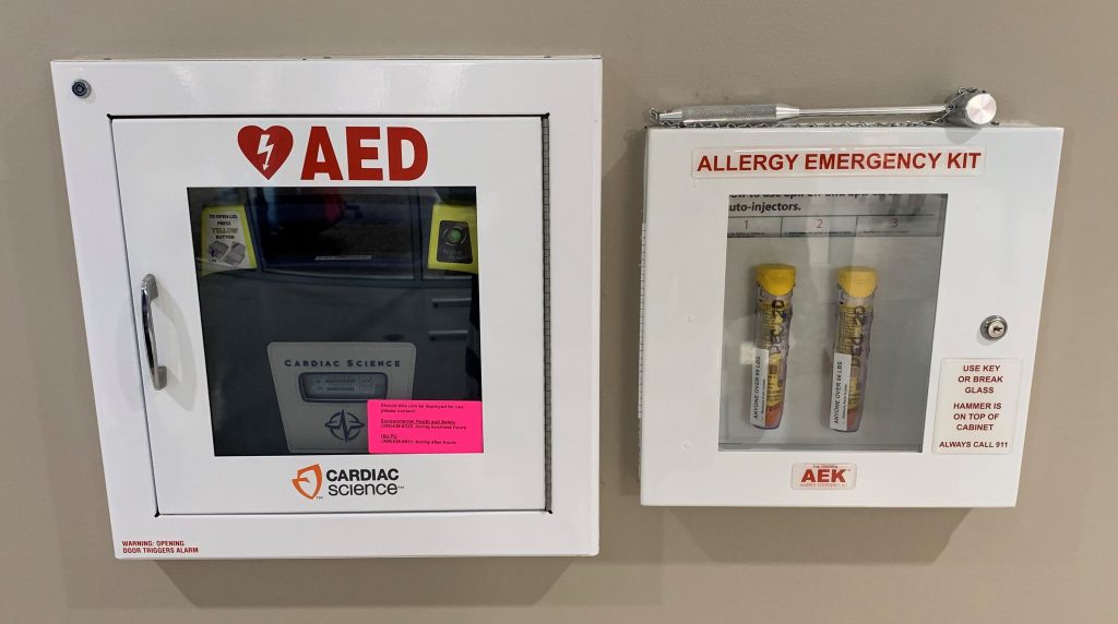 EpiPens and AED at Bone Student Center