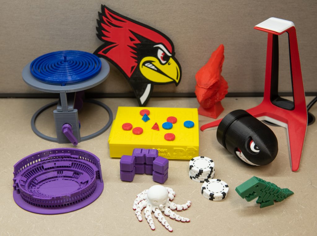 Objects printed by Milner Library's 3D printer.