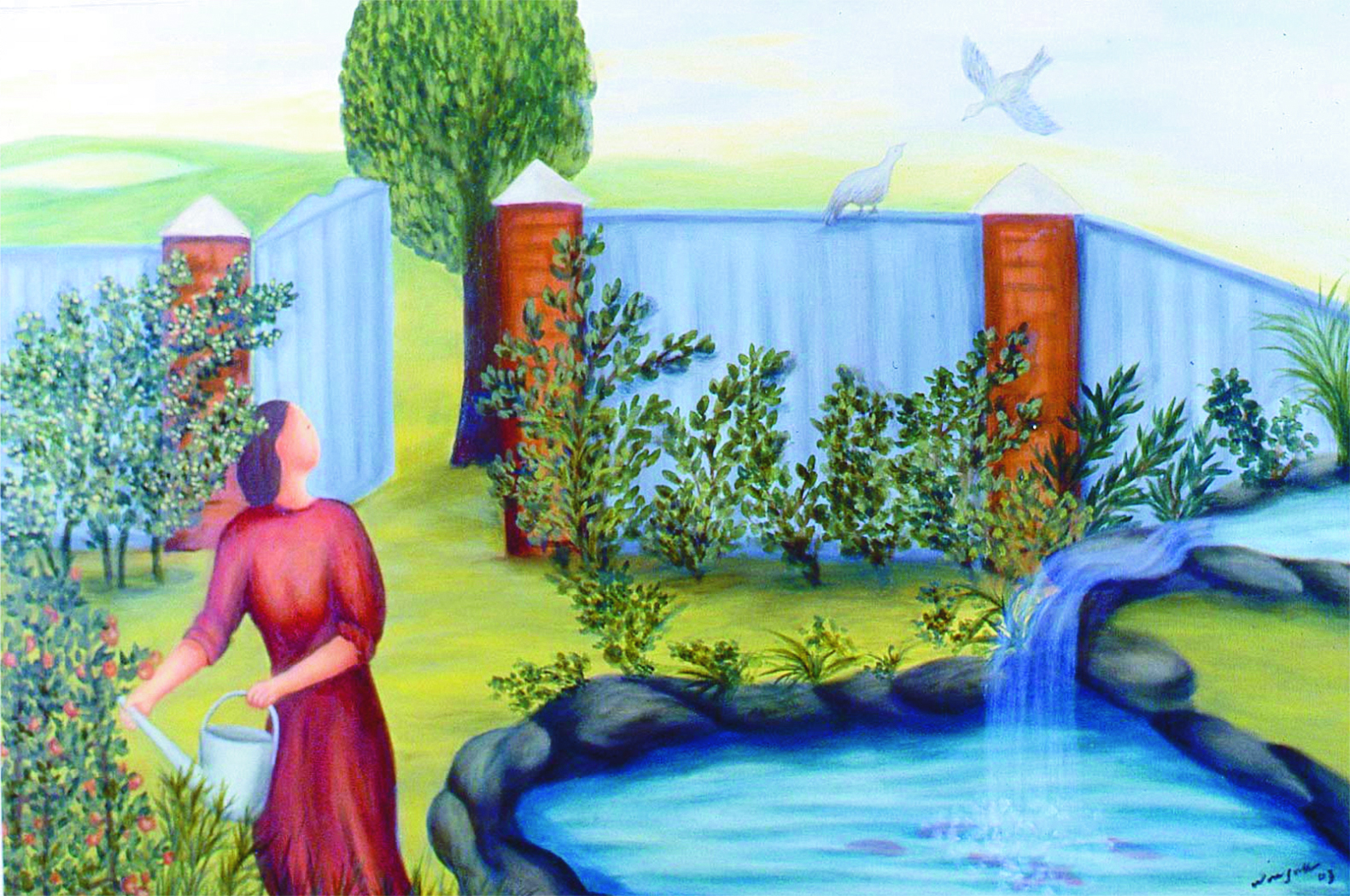 Painting of a woman watering her garden