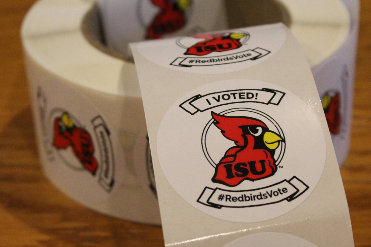 Stickers with I Voted and Reggie Redbird sticker with I Voted, ISU, and #ISUVOTES