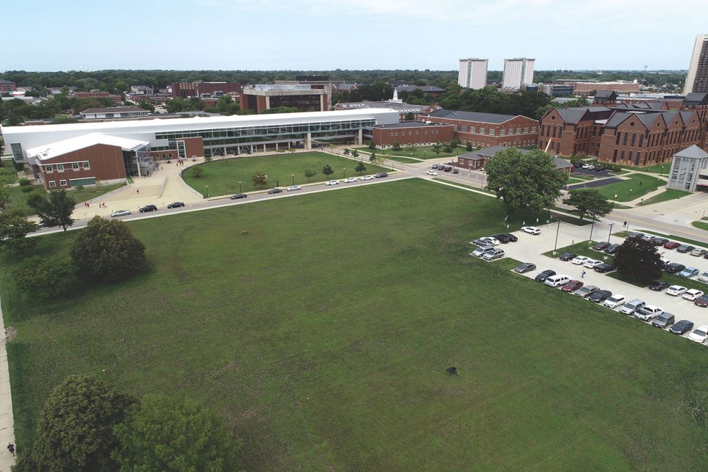 Overhead shot of a building on a University campus