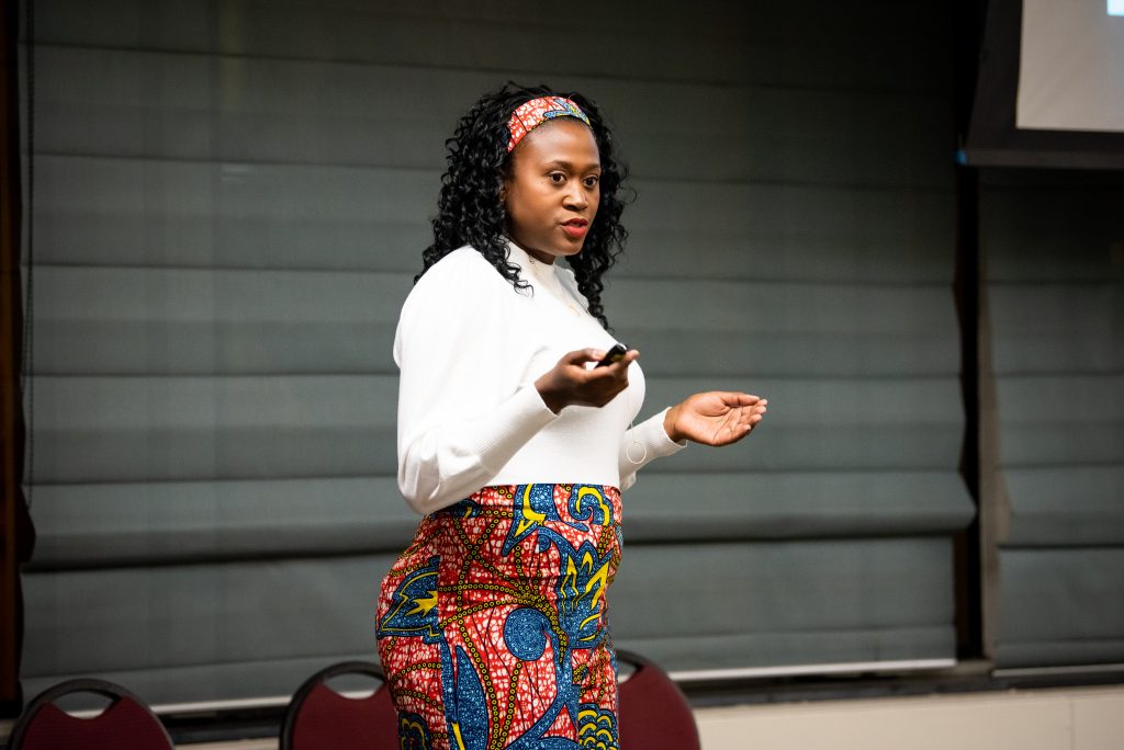 Candice Halbert ’01 urges students to take advantage of opportunities and pay it forward during her keynote speech at Thursday’s STEM Social program in the Vrooman Center