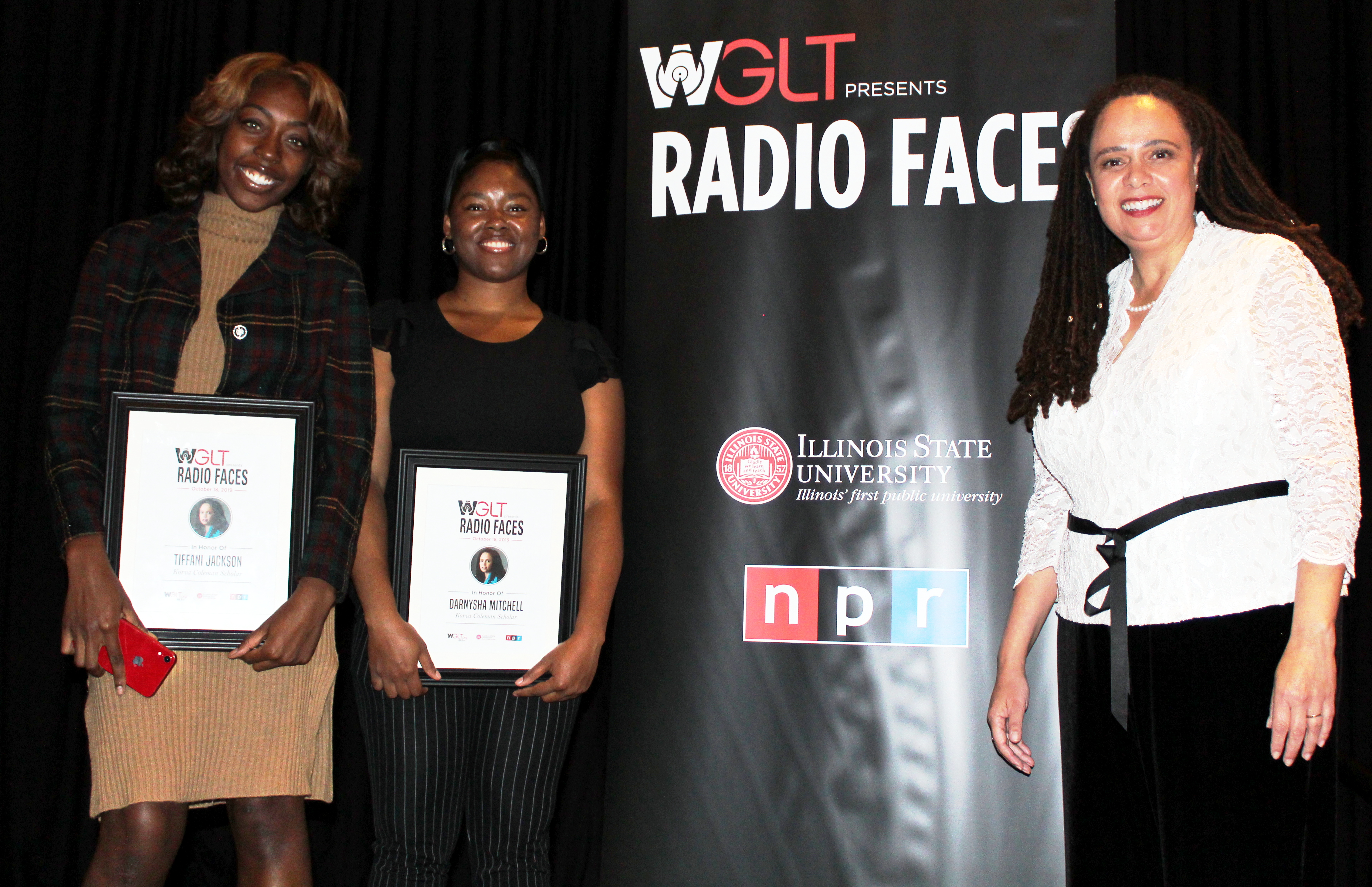Student reporters Tiffani Jackson and Darnysha Mitchell, here with Korva Coleman, were named Korva Coleman Scholars at WGLT’s Radio Faces event October 18 at the Marriott Hotel and Conference Center in Uptown Normal. (Photo by WGLT student photographer Izzy Carroll)