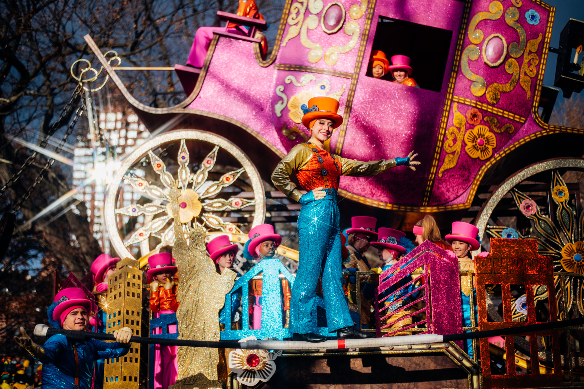 Gamma Phi Circus in front of the Coach float at Macy's Thanksgiving Day Parade (Photo courtesy of Coach and by Alyssa Greenberg)