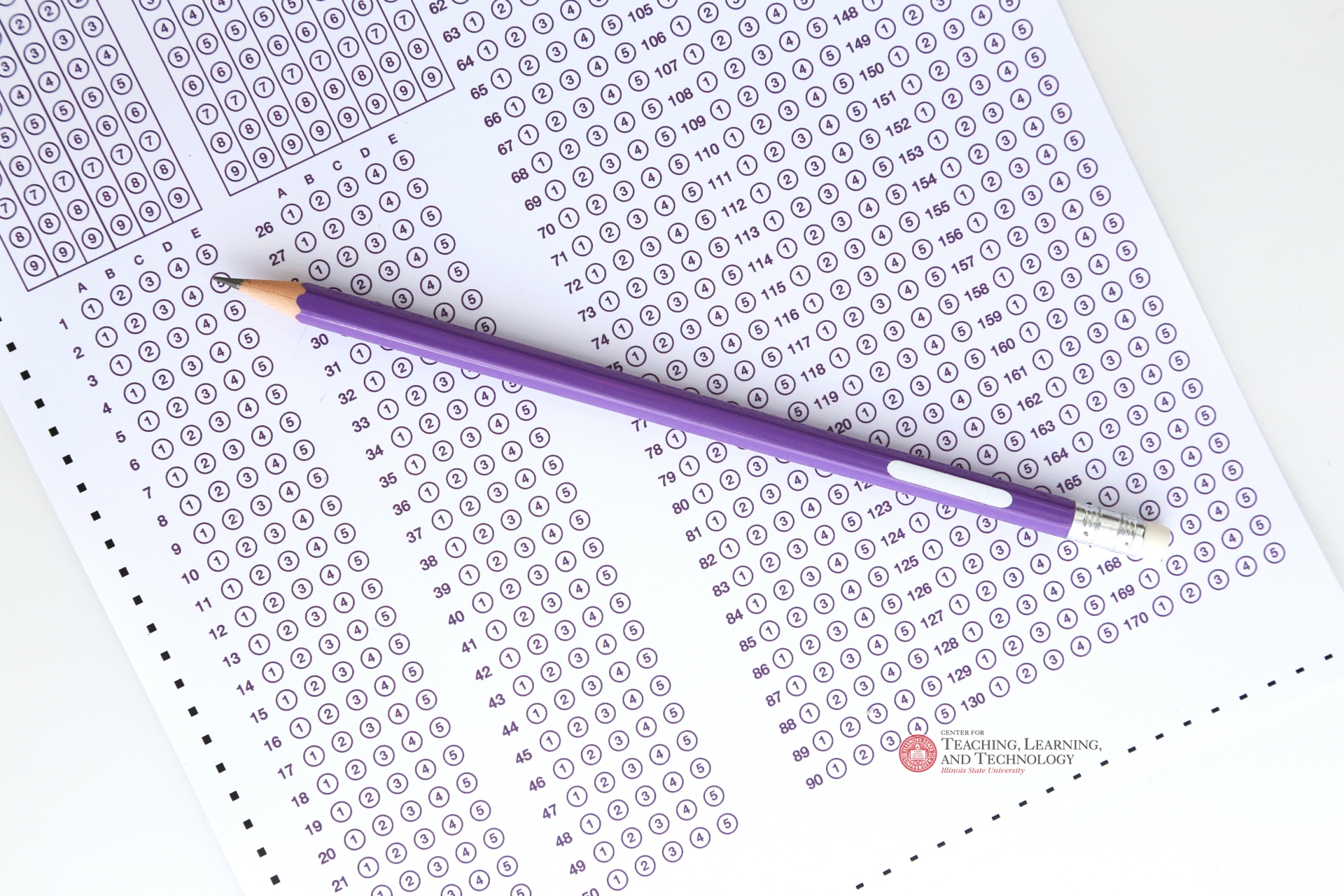 A pencil laying atop a blank Opscan evaluation form, with the Center for Teaching, Learning, and Technology logo.