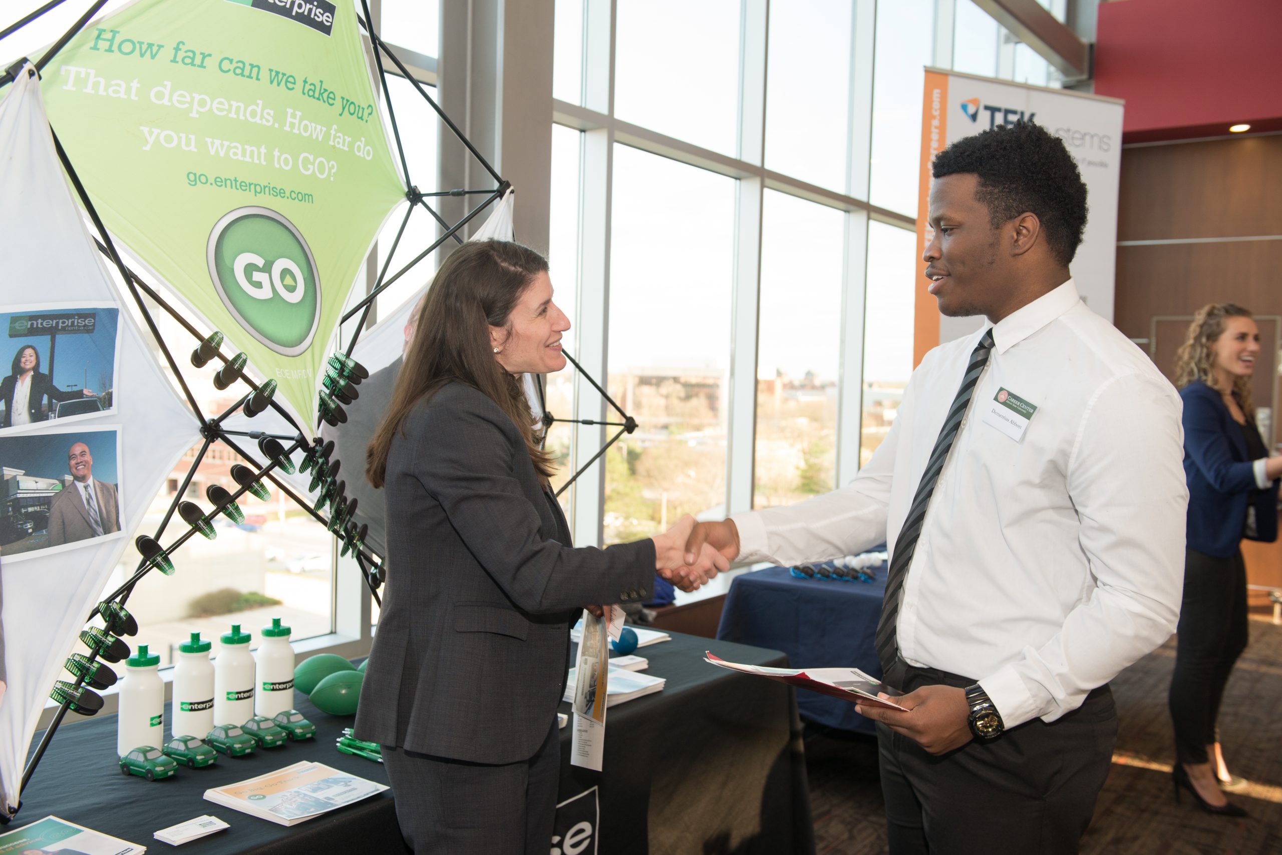 Student networking with potential employer at the 2019 Spring Career Fair
