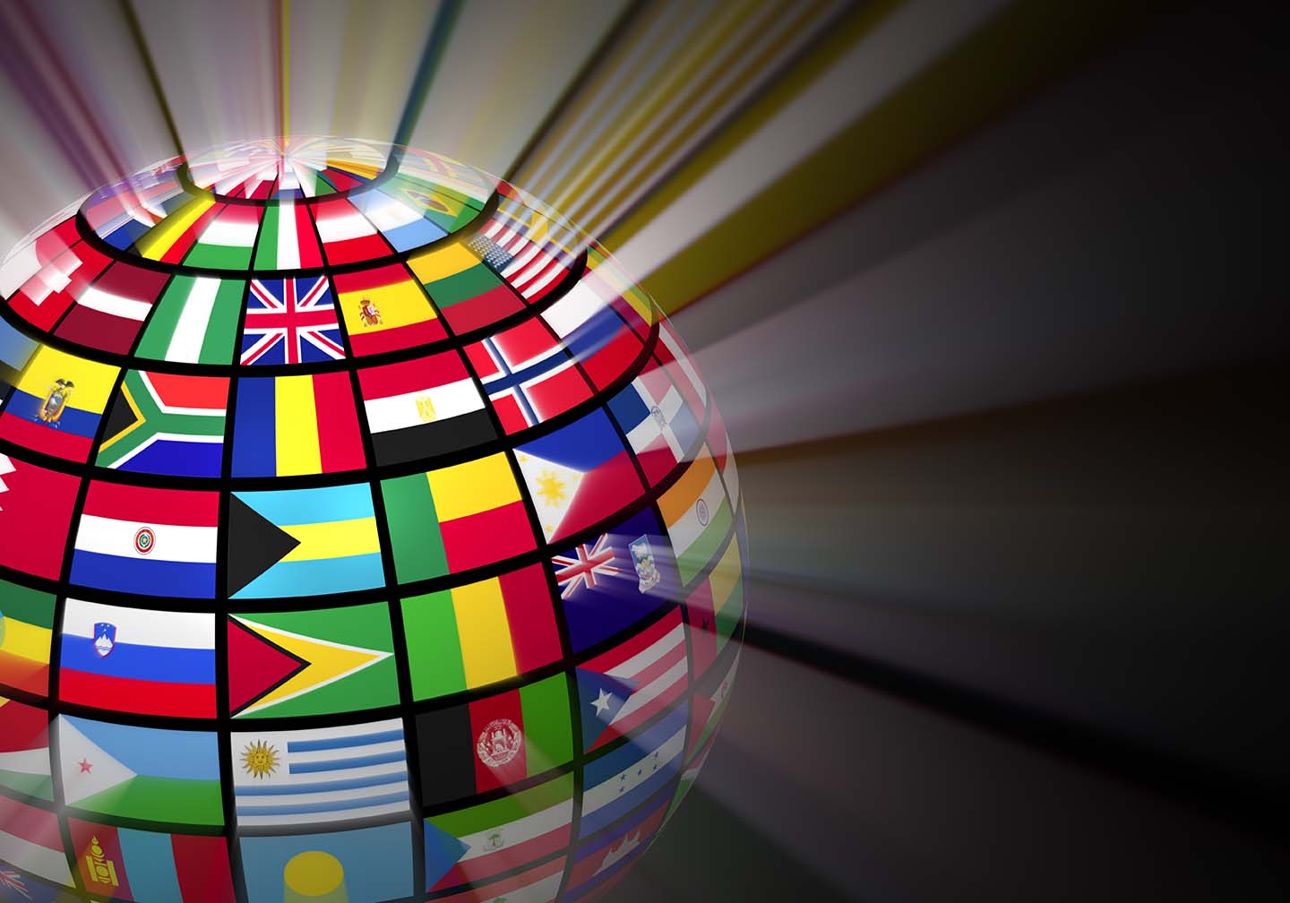 glowing globe with world flags on black background