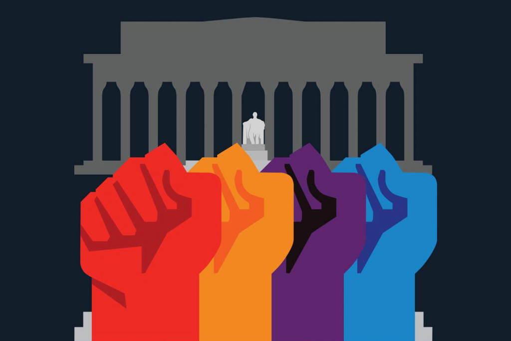 illustrated fists upraised against Lincoln memorial